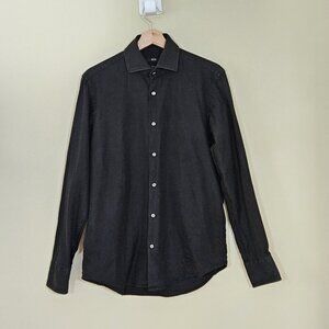 Hugo Boss Shirt Mens 15 1/2 Black LS Button Up Two Ply Cotton Rounded Hem Twill
